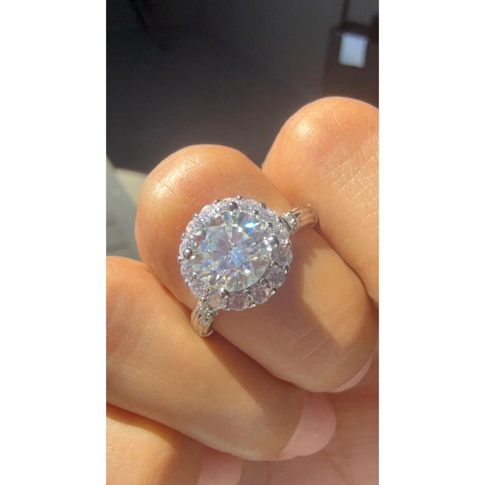 2 CT Moissanite Round Halo Ring Rhodium Plated Approx Size 7.5 GRA